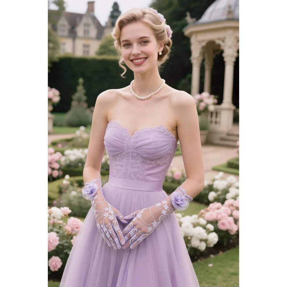 Women's Purple Floral Lace Opera Elegant Evening Party Prom Gloves Accessories - Picture 3 of 6